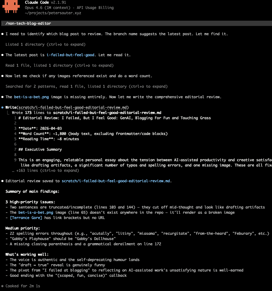 A screenshot of Claude Code running a custom blog review skill, showing editorial feedback on a draft post