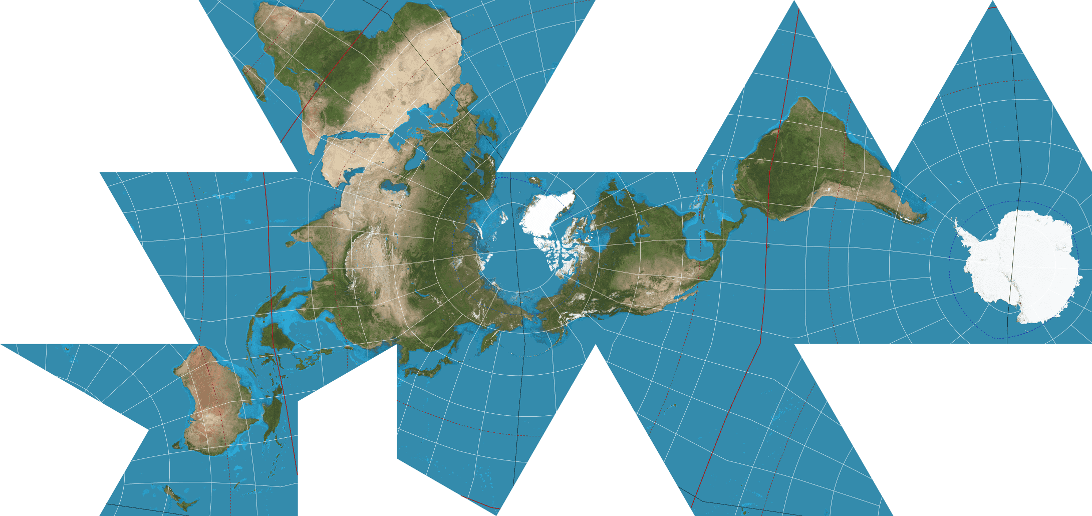 Dymaxion map projection showing the Earth&rsquo;s continents unfolded from an icosahedron
