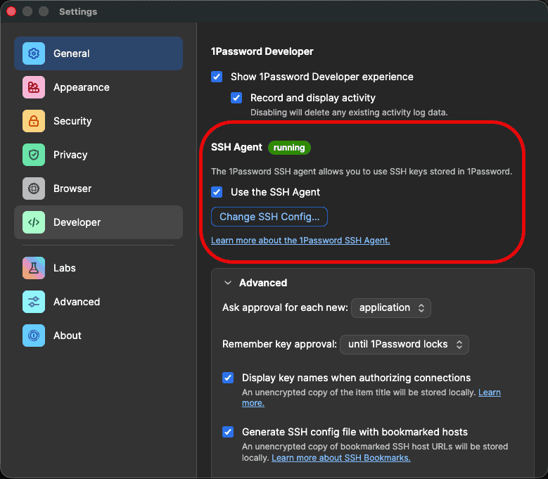 1Password Settings showing the Developer pane with SSH Agent running