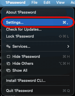 1Password menu bar dropdown with the Settings item highlighted