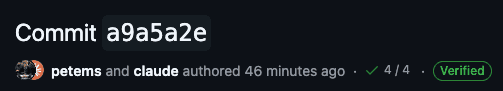 GitHub commit header showing a green Verified badge next to petems and claude