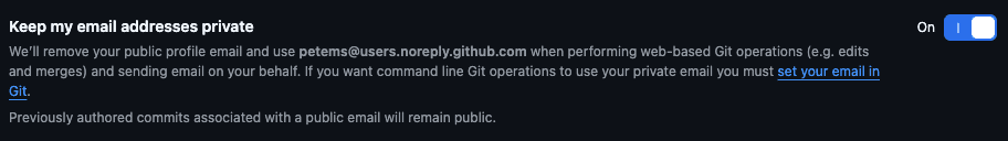 GitHub email settings with the Keep my email addresses private toggle turned on