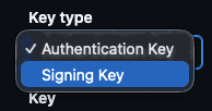 GitHub new SSH key form with the Key type dropdown open and Signing Key selected