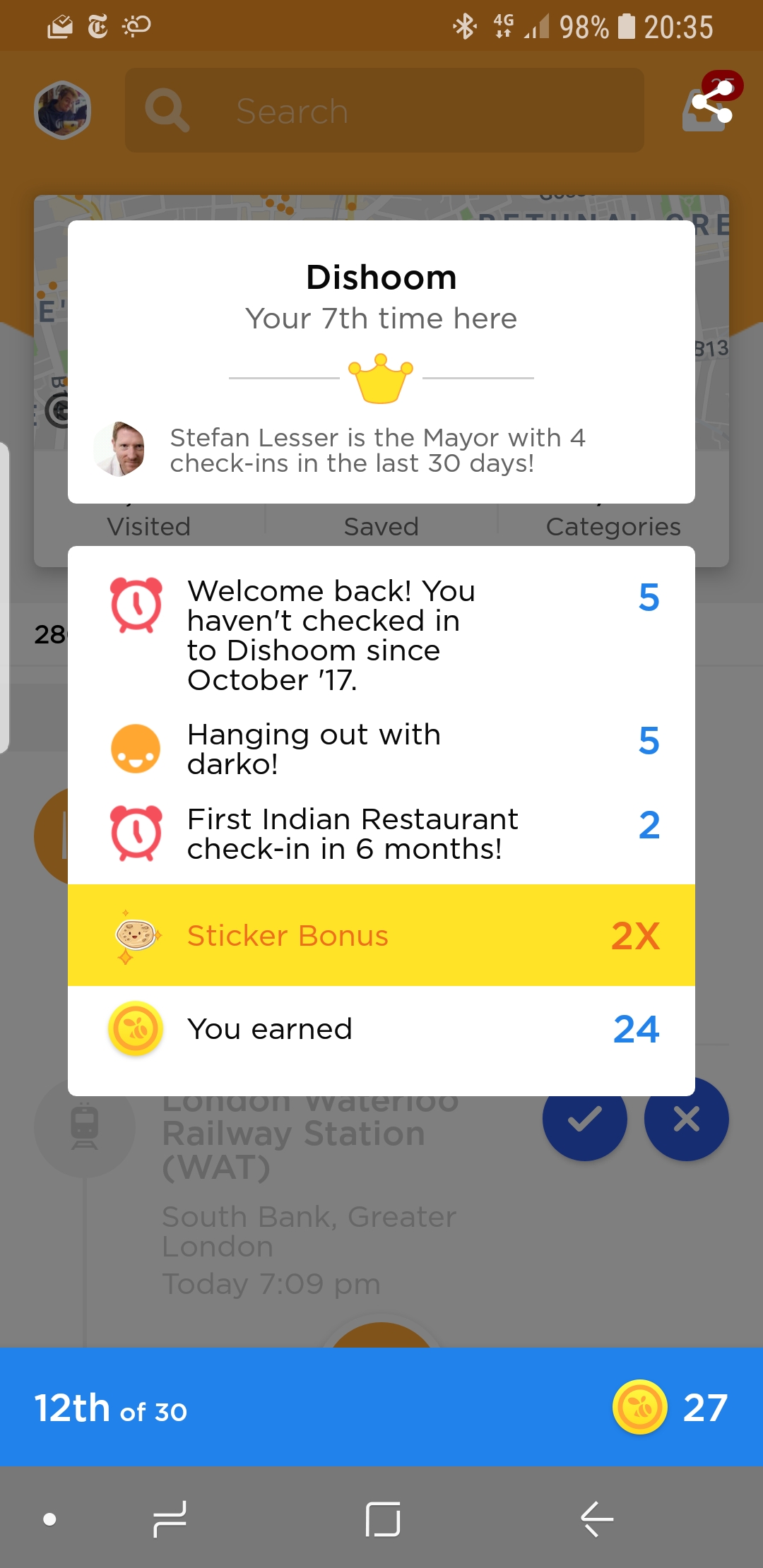 Check-in at Dishoom for the 7th time