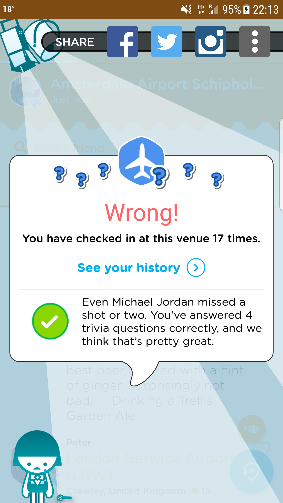 Trivia wrong answer at Schiphol Airport — 17 check-ins