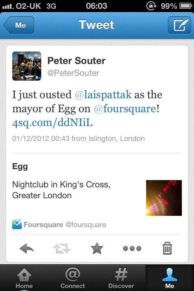 Tweet about ousting someone as mayor of Egg nightclub on Foursquare