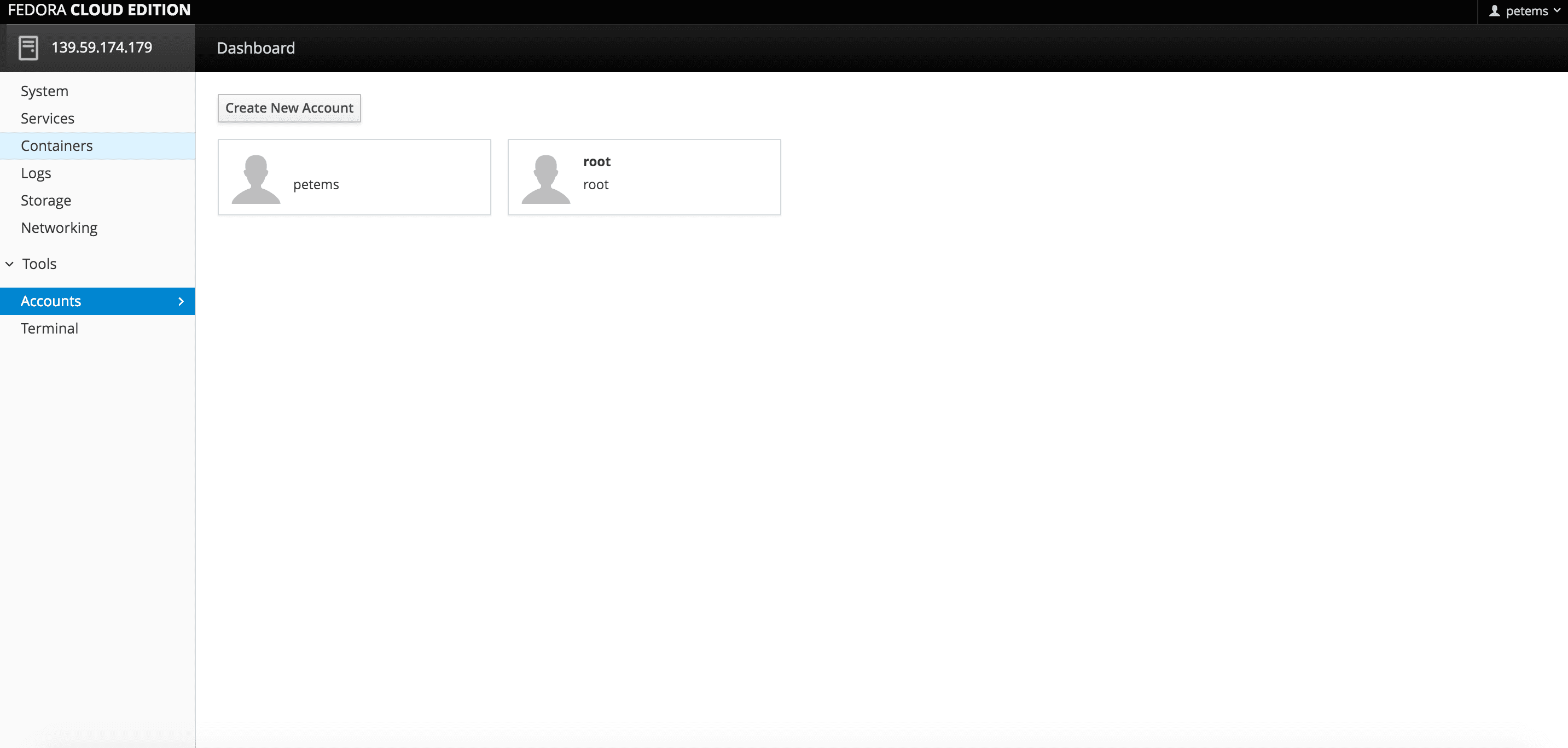 Cockpit accounts page showing local user accounts