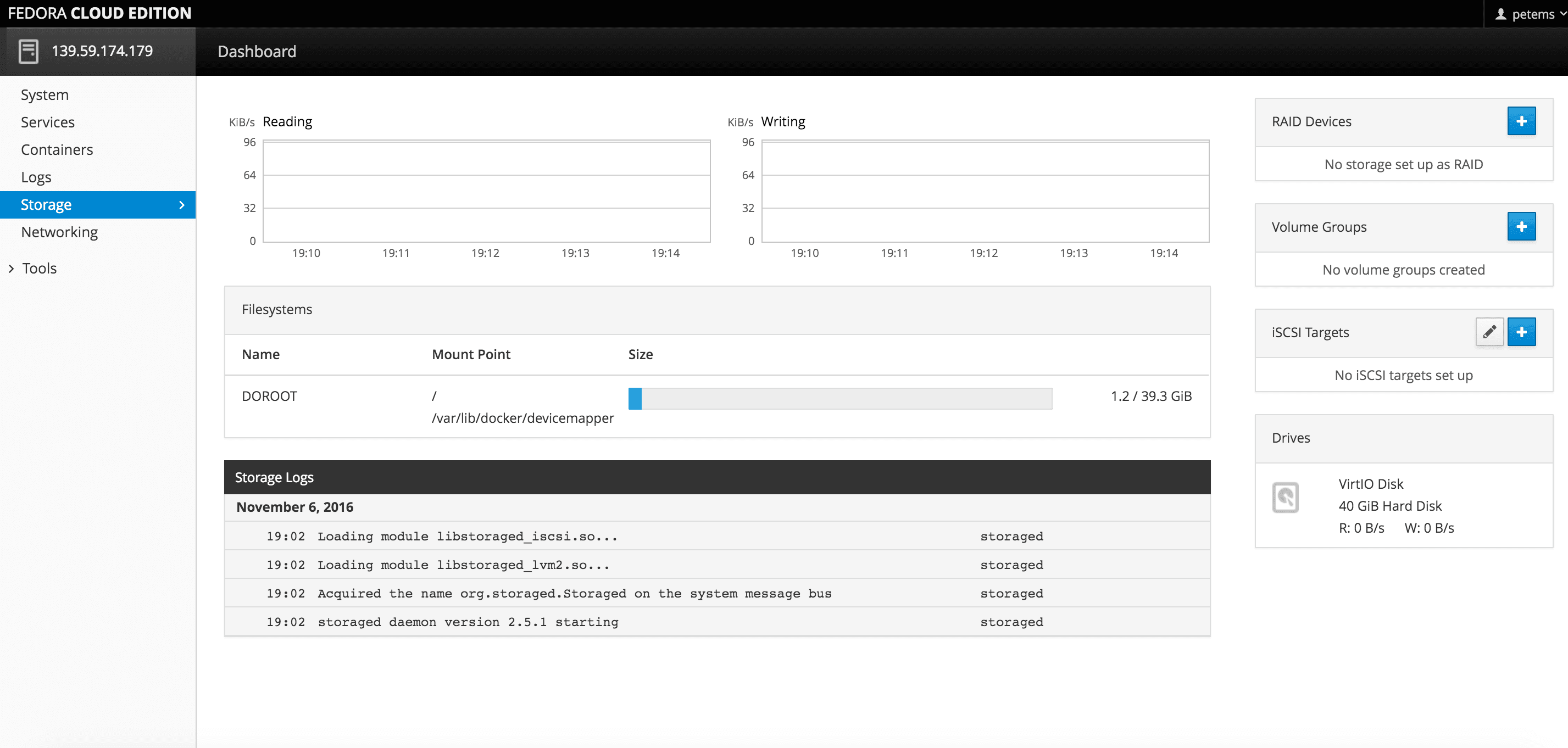 Cockpit storage dashboard showing filesystem usage and storage logs
