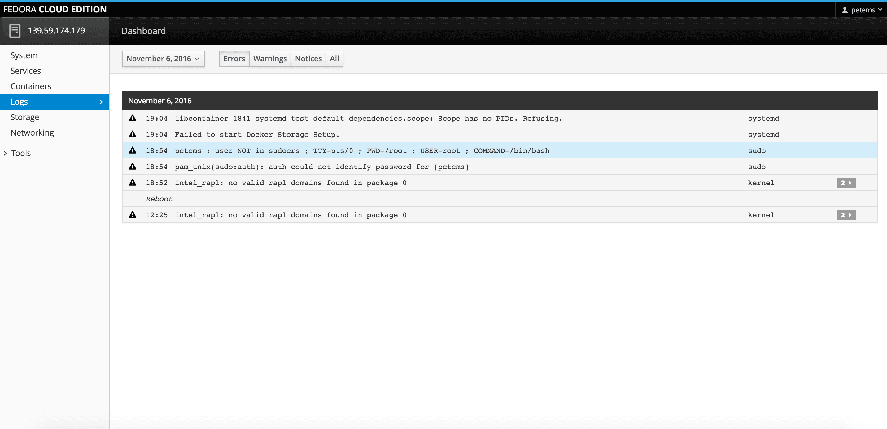 Cockpit logs view with system and sudo log entries