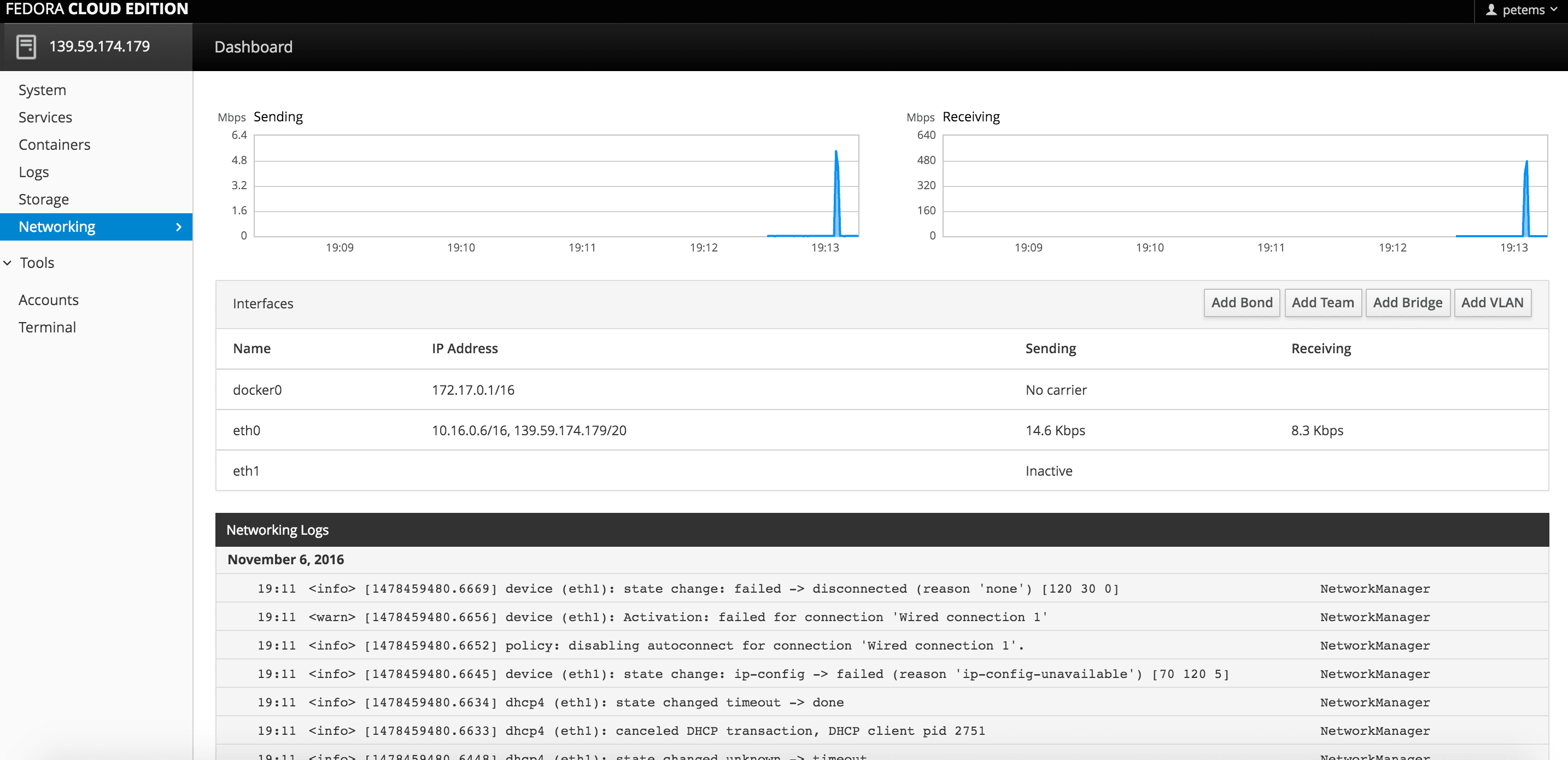 Cockpit networking dashboard showing traffic spikes and interface stats