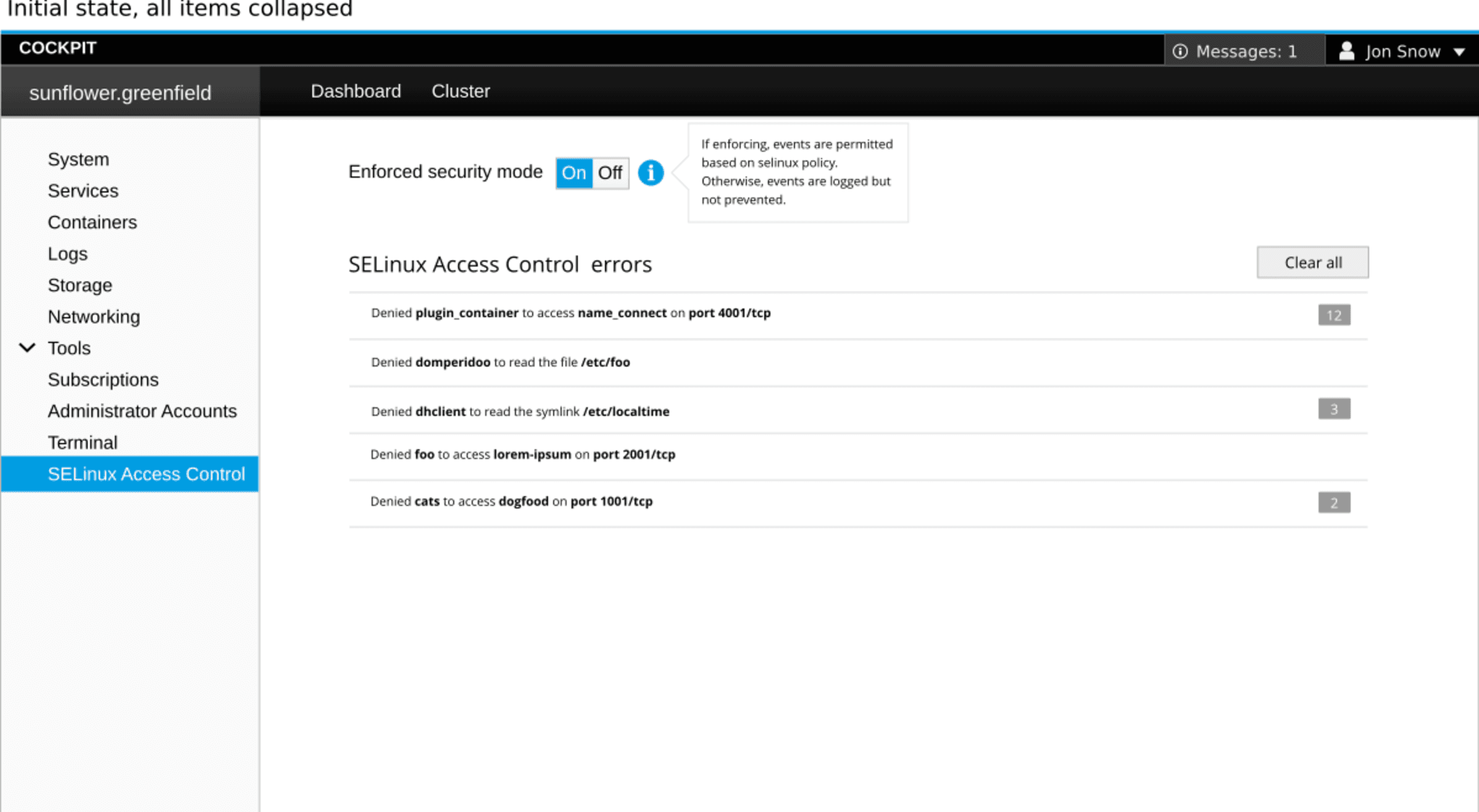 Cockpit SELinux Access Control panel listing denied events