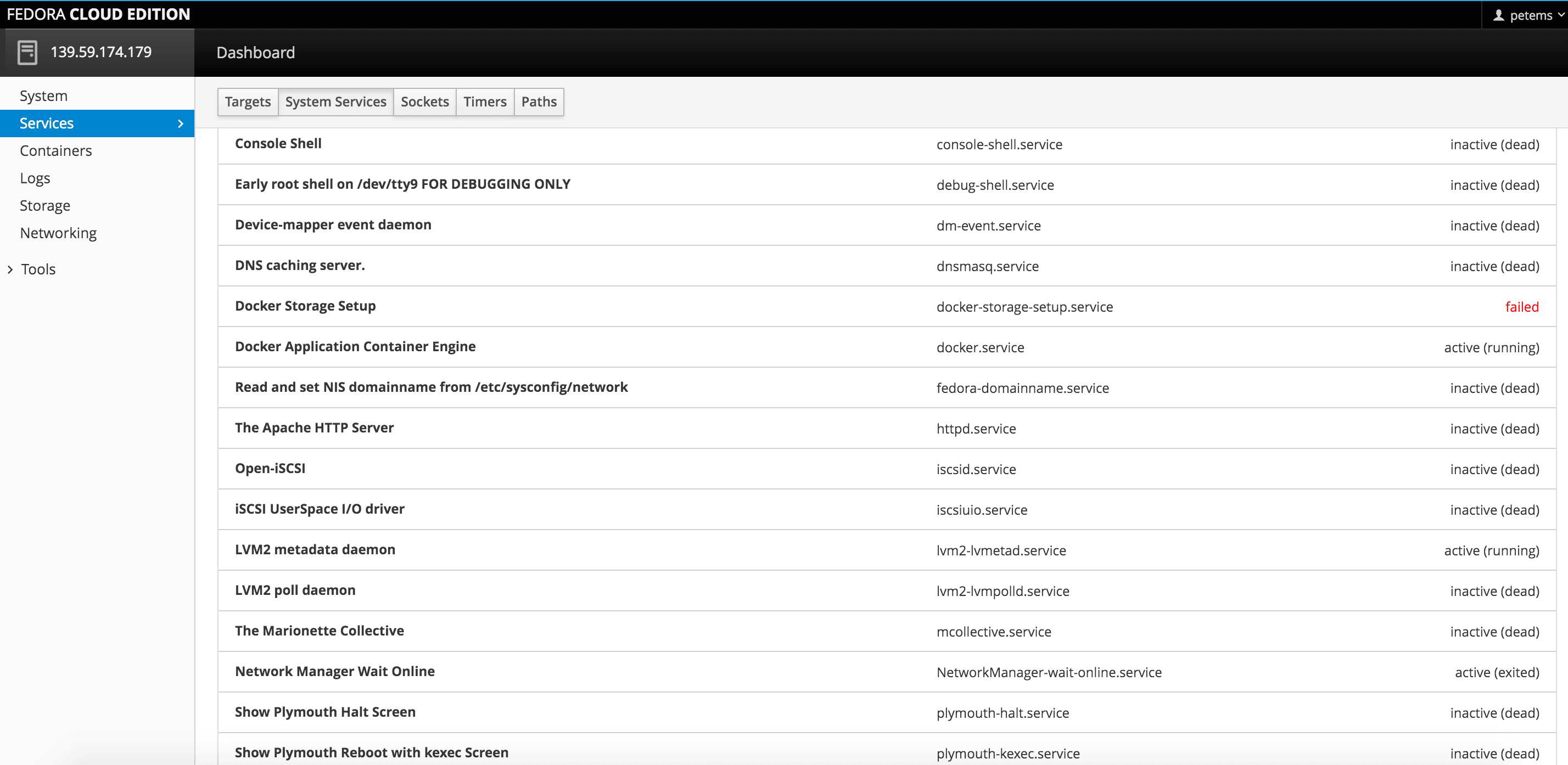 Cockpit services dashboard listing system services and their status